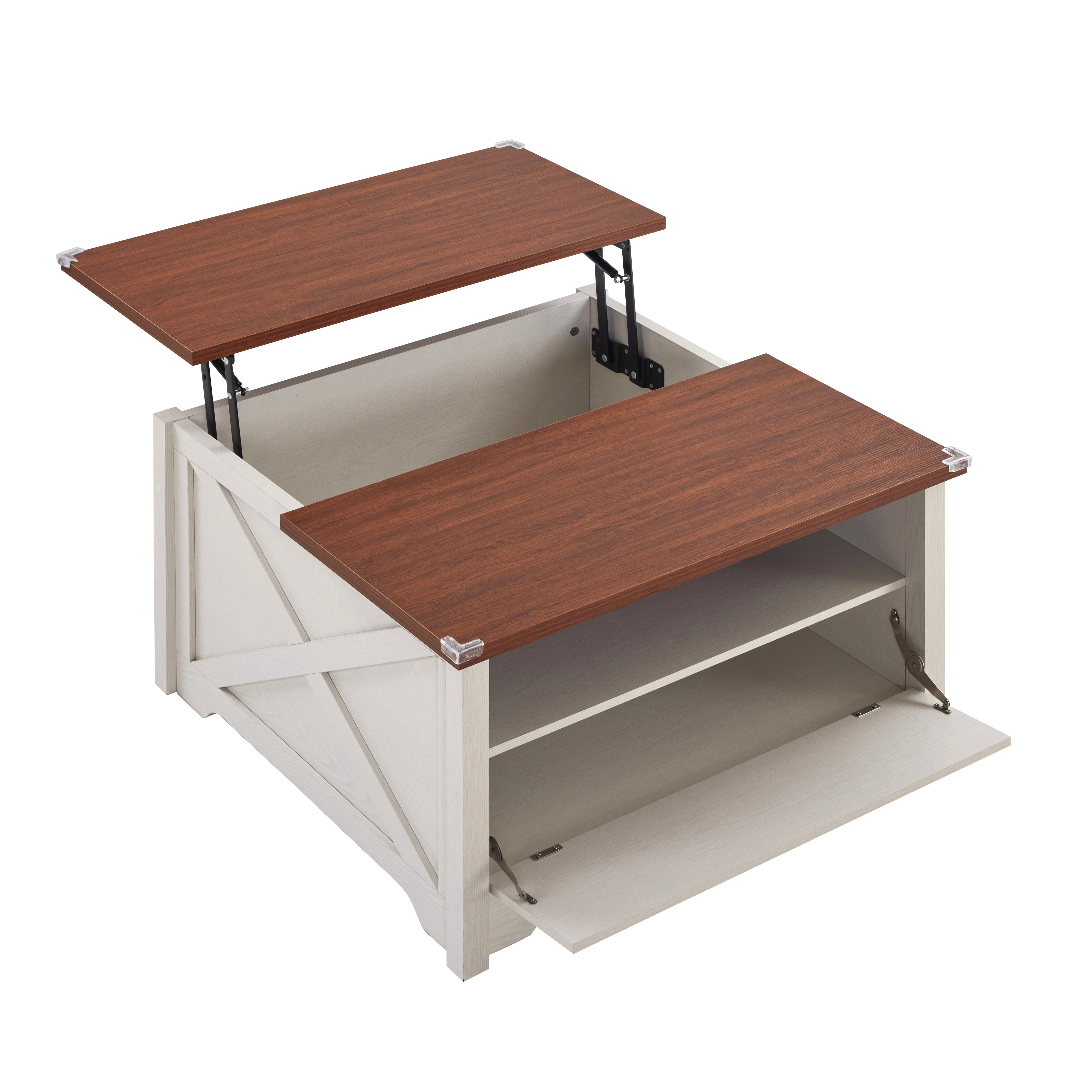 Table basse relevable ergonomique, compartiment GNE, rétro de ferme, marron/blanc, salon/bureau