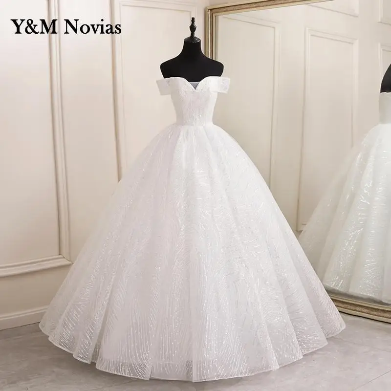 Real photo Ivory Sweetheart Off The Shoulder Vestido De Noiv Gowns Shiny Sequined Lace Back Embroider Appliques Wedding Dress