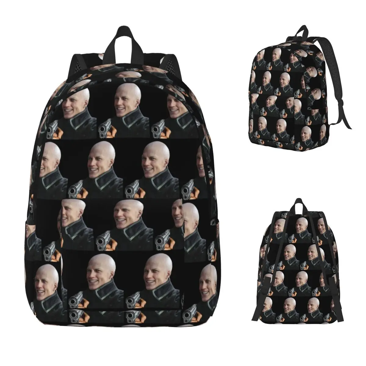 Bald Vergil Pointing A Gun - Blursed Devil May Cry Funny Face Meme Backpack Daypack BookBag School Bag Shoulder Bags Men Women