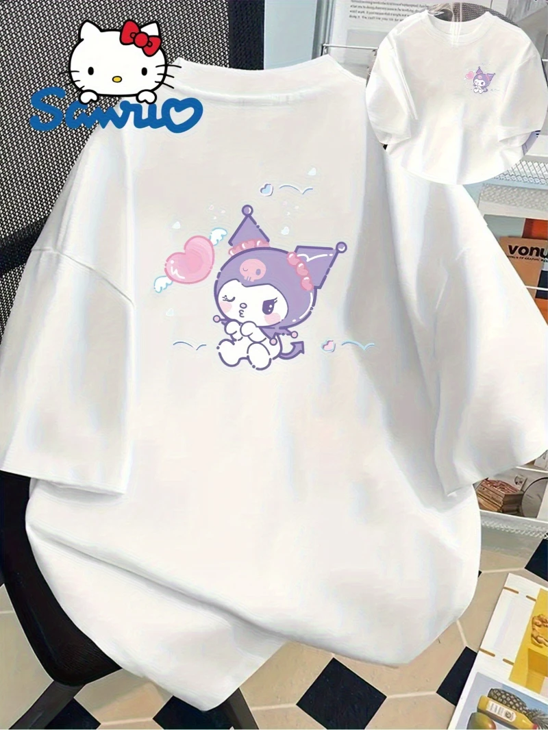 تي شيرت نسائي رسمي لطيف من Sanrio Anime - قميص فضفاض كاجوال مطبوع عليه قلب وردي وأرجواني وأكمام قصيرة ورقبة دائرية