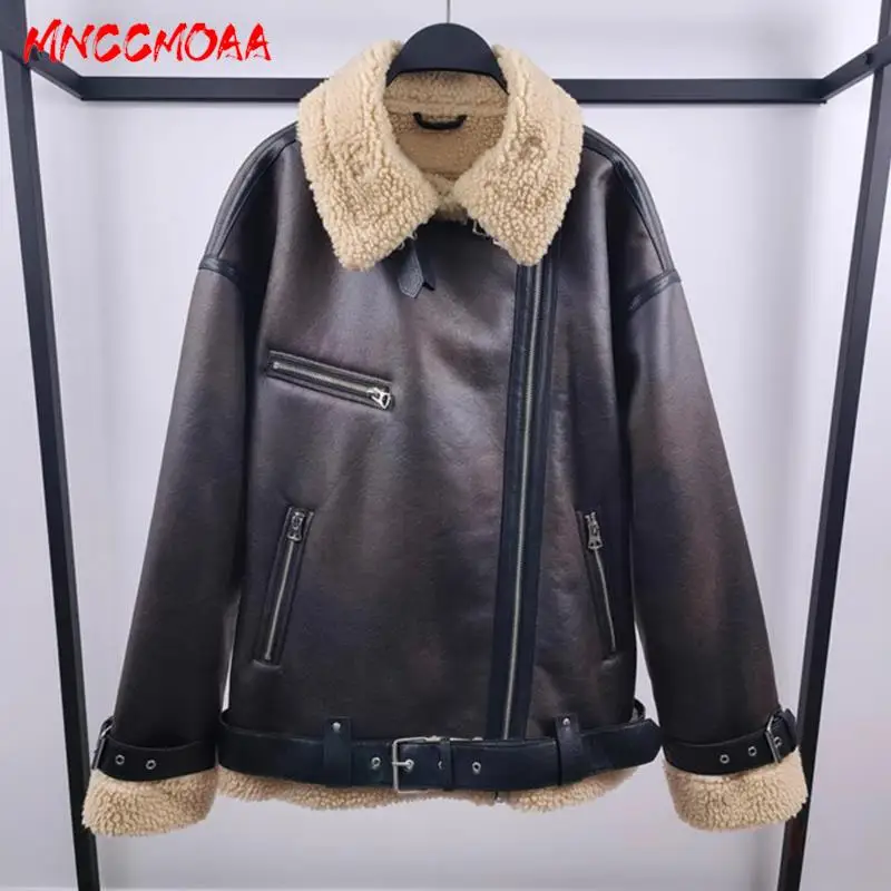 MNCCMOAA 2023 Winter Women Fashion Loose Belt Thickened Fleece Faux Leather Jacket Coat Female Solid Color Casual Warm Outwear