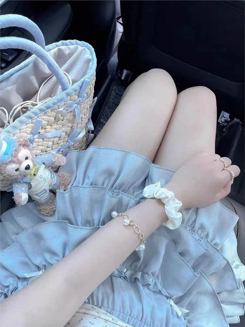 Verão querida y2k floral ort sve camiseta e saia azul conjunto para mulheres jovens roupa fracionável e fofa