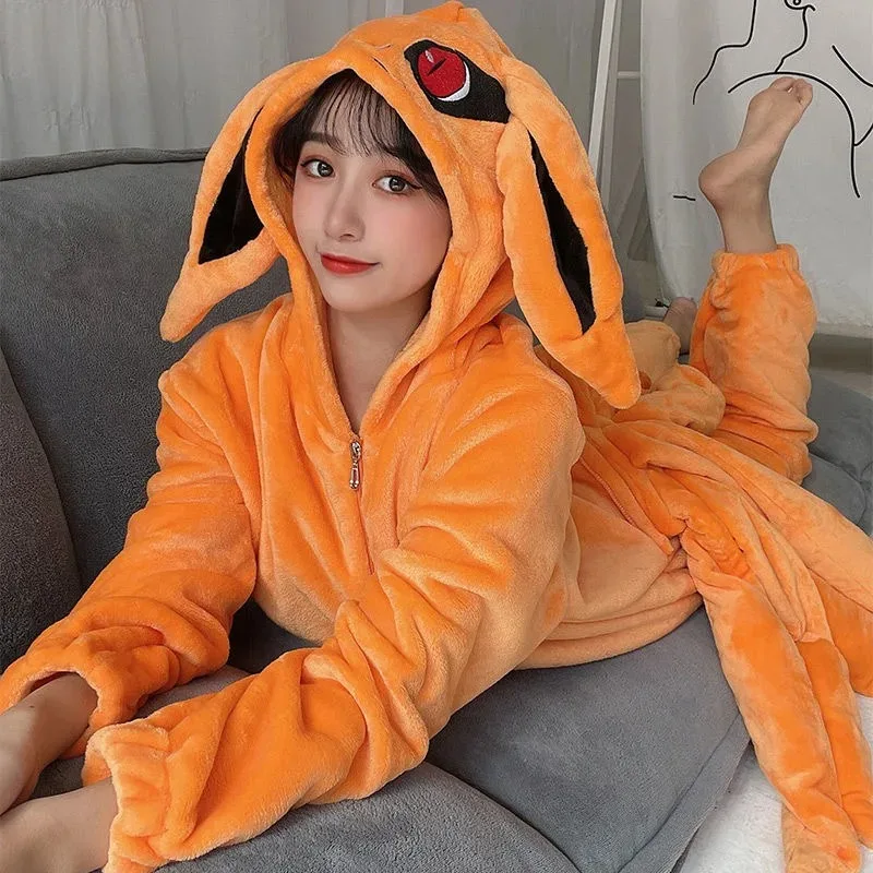 Uzumaki Kurama Kyuubi Fox Cosplay Costume Kigurumi Adult Unisex Anime Pajamas Flannel Jumpsuit Sleepwear Onesies Prop