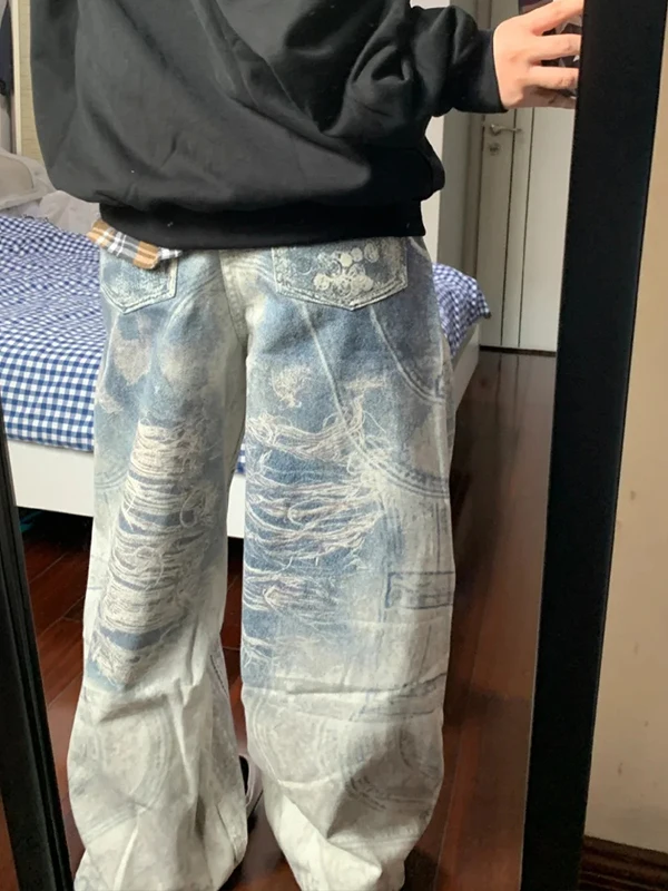 ผู้หญิงสีฟ้าY2kกางเกงยีนส์Harajukuญี่ปุ่น 2000Sสไตล์Baggy DenimกางเกงVINTAGE Aesthetic Ripped Jeanกางเกงถังขยะเสื้อผ้า 2025