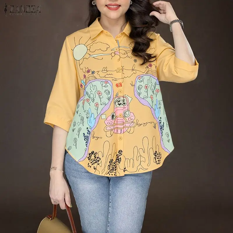 ZANZEA Frauen Stilvolle Shirts Mode 3/4 Hülse Casual Bluse Herbst Frühling Revers Elegante Büro Streetwear Koreanische Blusas Tops