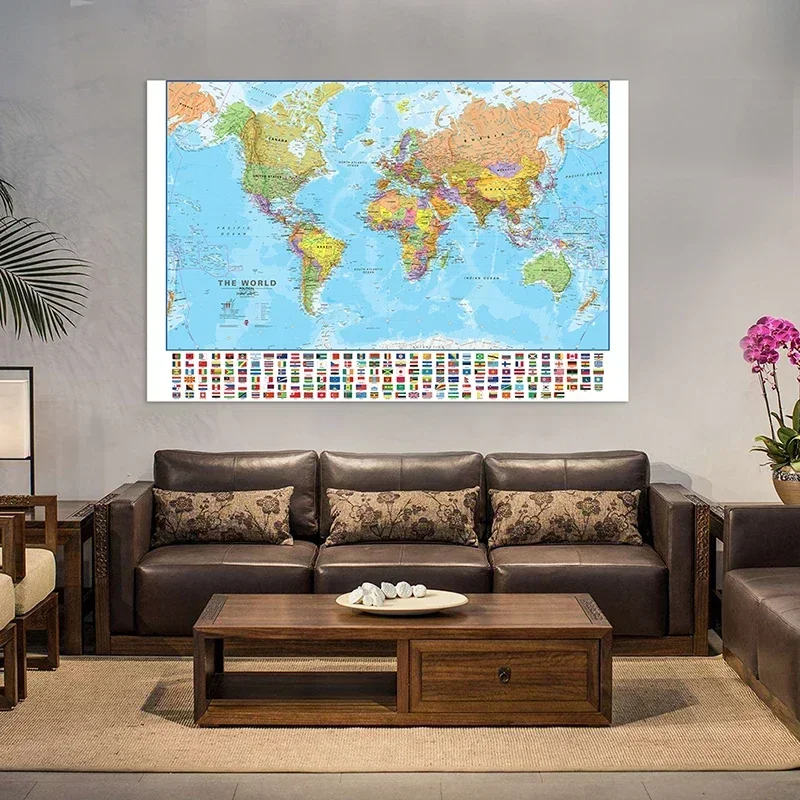 The World Map In English Painting Wall Art Poster Printed Decorative Hanging Picture Room Office School Supplies 120x80cm