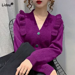 Fashion Simplicity Solid Color Knitted Cardigan for Female Korean Casual Ruffles Spliced Sweaters Autumn Winter Women's Clothing