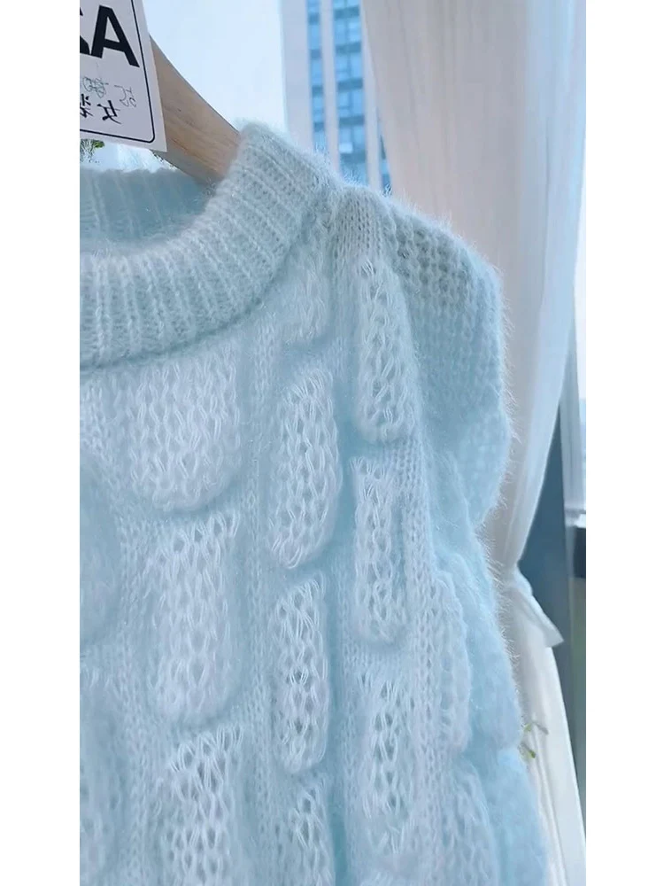 Blue Mohair Knitted Sweater Pullover Women 2022 Winter Casual Loose Fashion Soft Ladies Jumper Knitwear Long Sleeve O-neck Tops