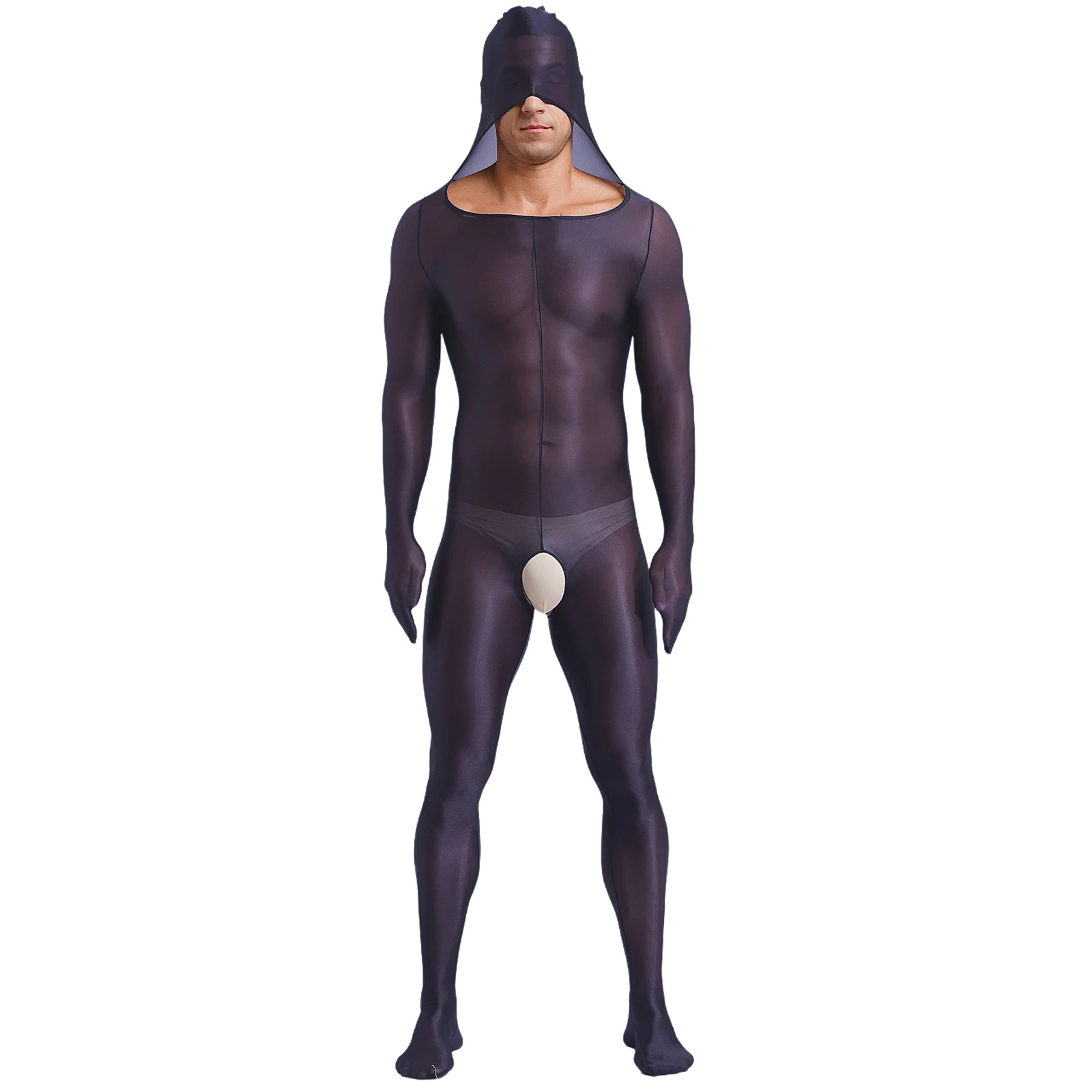 Mens Lingerie See Through Full Body Covering Bodysuit with Gloves Sexy Open Crotch Footed Bodystockings Hooded Catsuit Jumpsuit