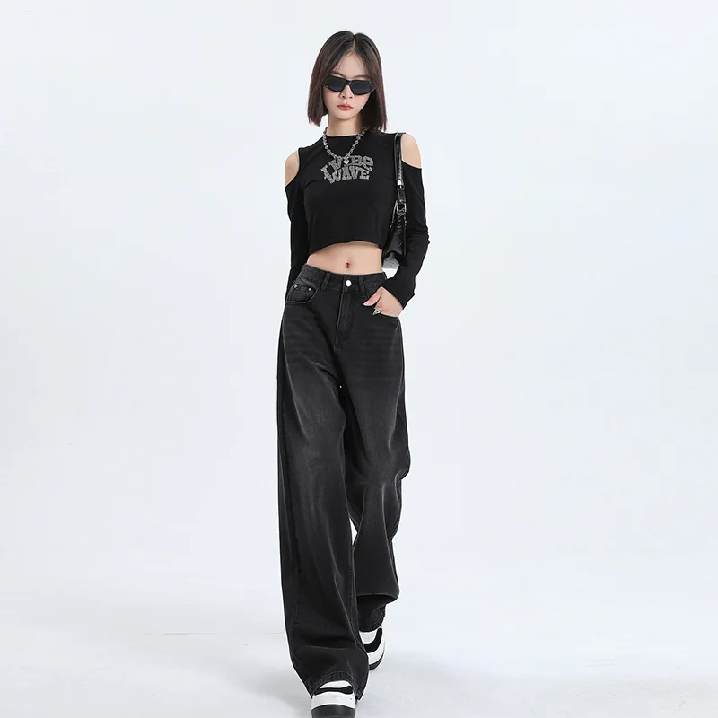 

Black Gray High Waist Wide Leg Jeans Women's Autumn And Winter 2025 New Fleece-Lined Loose Drape Straight Pants