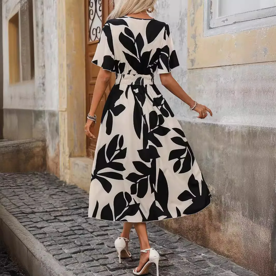 Ele Cross-Ne Floral Print Split Dr for Women Summer New Sle 2025 Belt High Waist Knitted Polyester ort Sve