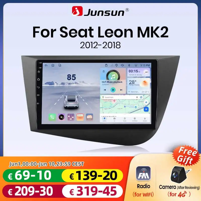 Autoradio sans fil Junsun CarPlay Android Auto pour Seat Leon 2 MK2 1P 2005-2012, navigation GPS, lecteur multimédia DSP, WiFi, RDS, Bluetooth, FM, écran tactile IPS