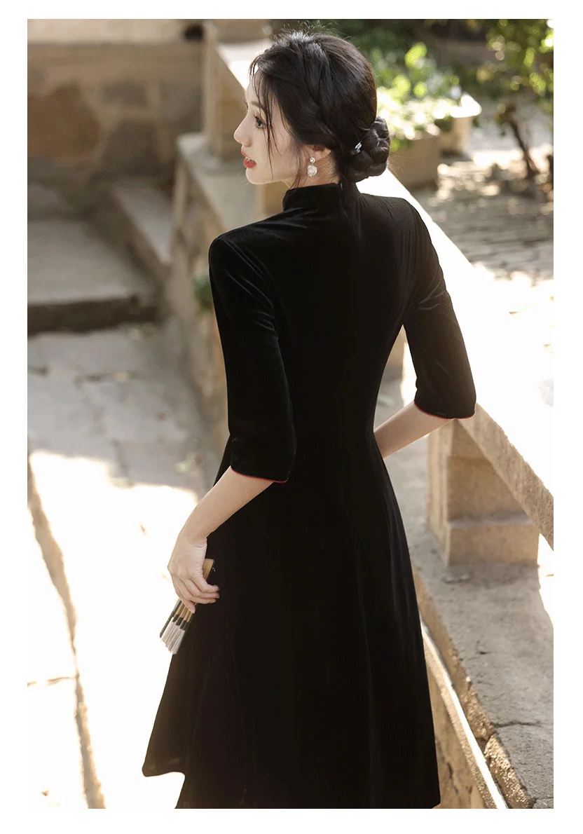 Black Autumn Improve Velour Aodai Qipao Seven Points Sleeves Split Velvet Chinese Cheongsam