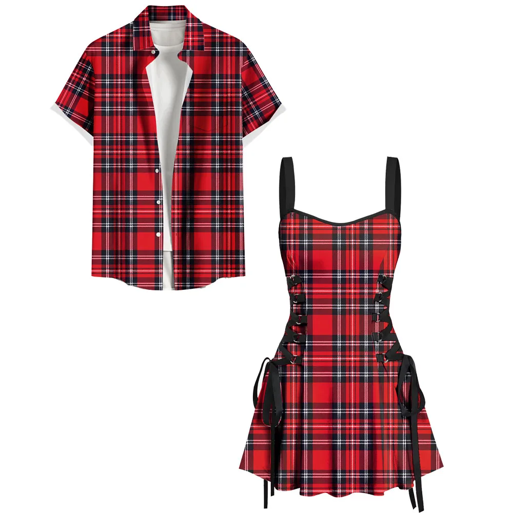 Red Plaid Print Matching Set For Couples New Arrived Costumes Lace Up Mini Tank Dress, Buttons Pocket Shirt Beach Outfits S-3X