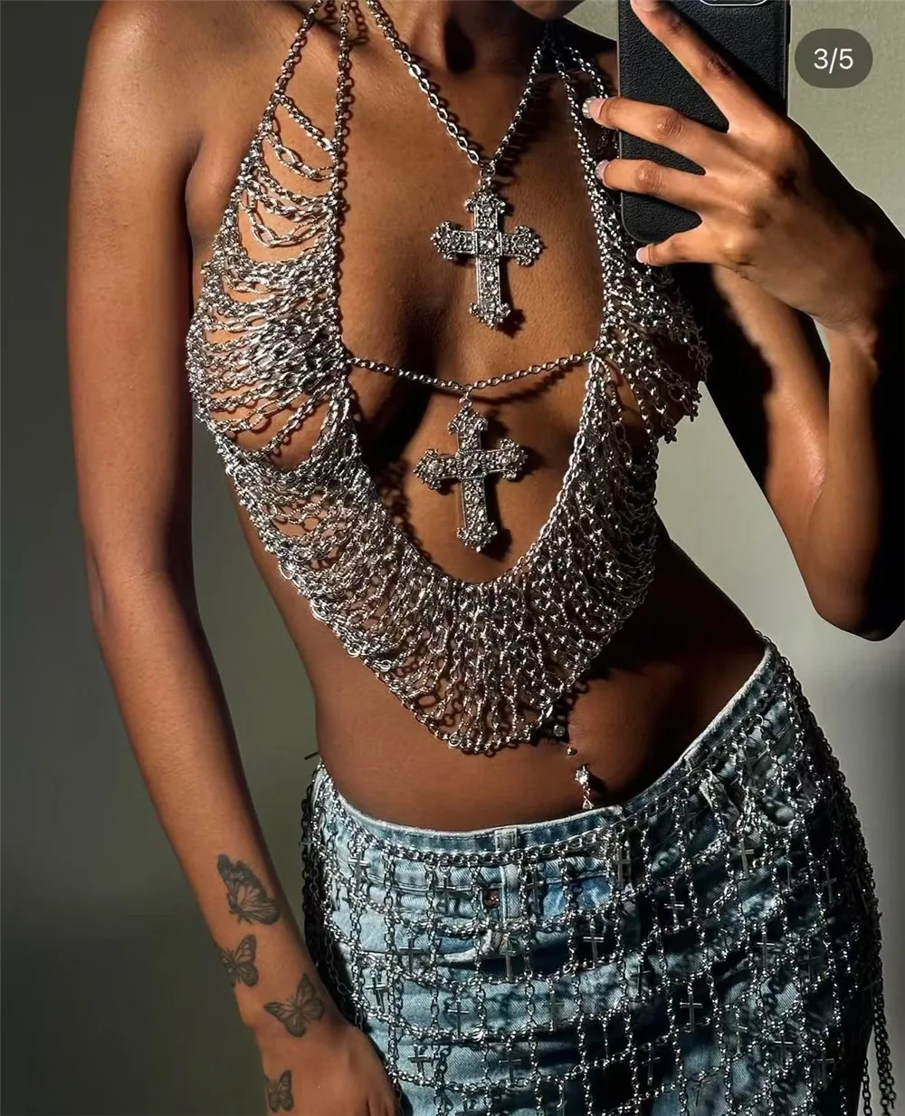 

Women's nightclub sexy metal fringe chest chain rhinestone cross pendant bra body chain