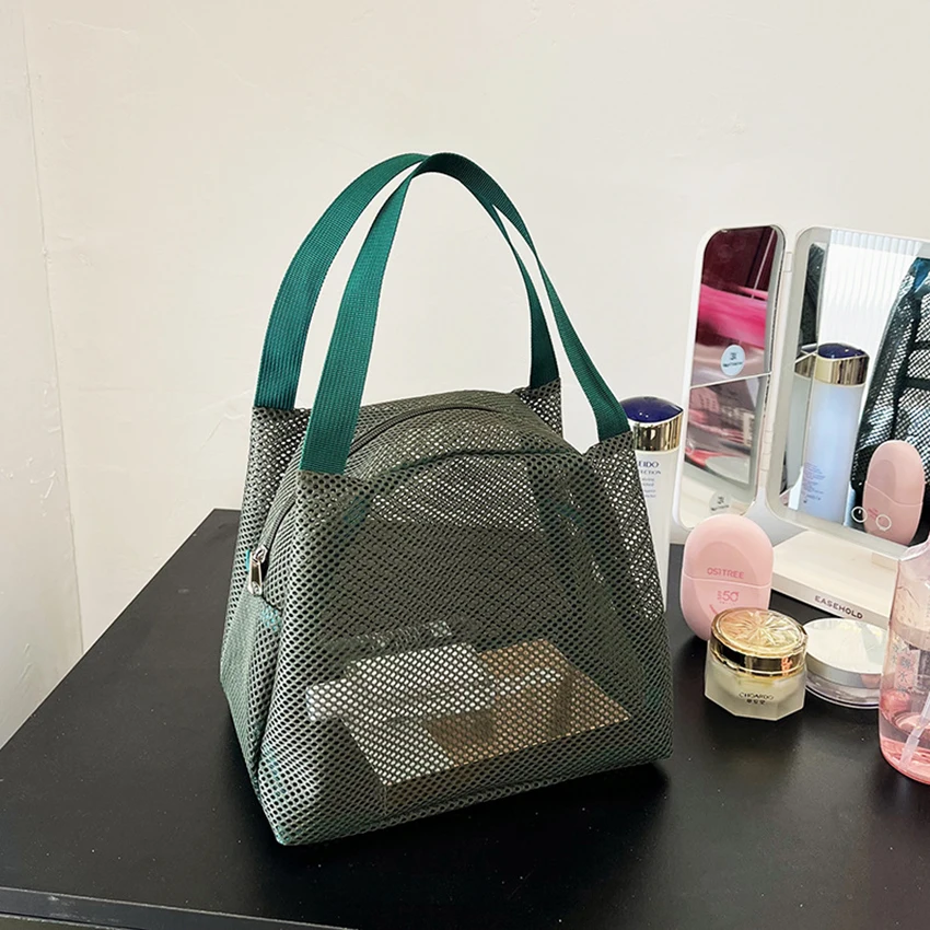 Nuevo Bolsa de malla de gran capacidad con asa, bolsa de maquillaje para artículos de tocador de viaje, bolsa de playa portátil, bolsa con cremallera para cosméticos