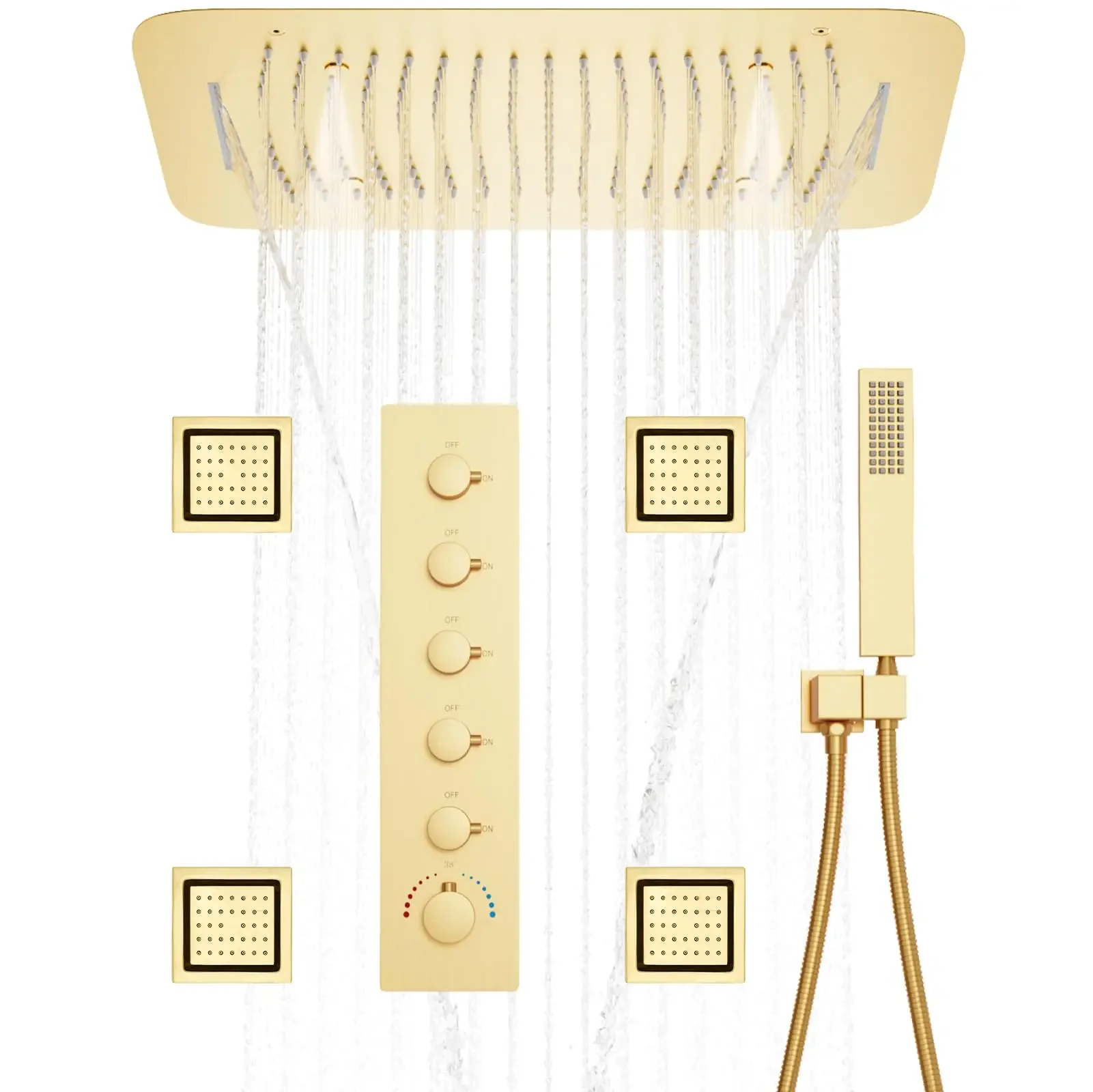 smart Brushed Gold ceiling mounted rainfall waterfall shower head rain massage 5 in 1 thermostatic Shower System set