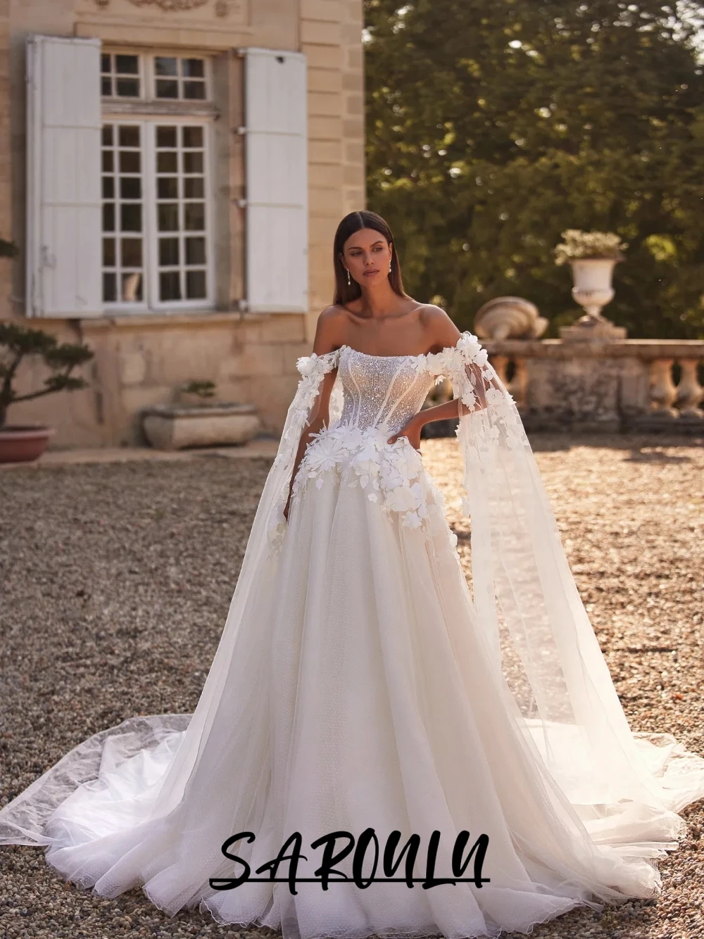 

Fairy Off-the-shoulder Wedding Dress Dreamy Shiny 3D Floral Tulle Sheer Bridal Gown Light Train Customized Outdoor Romantic Wear