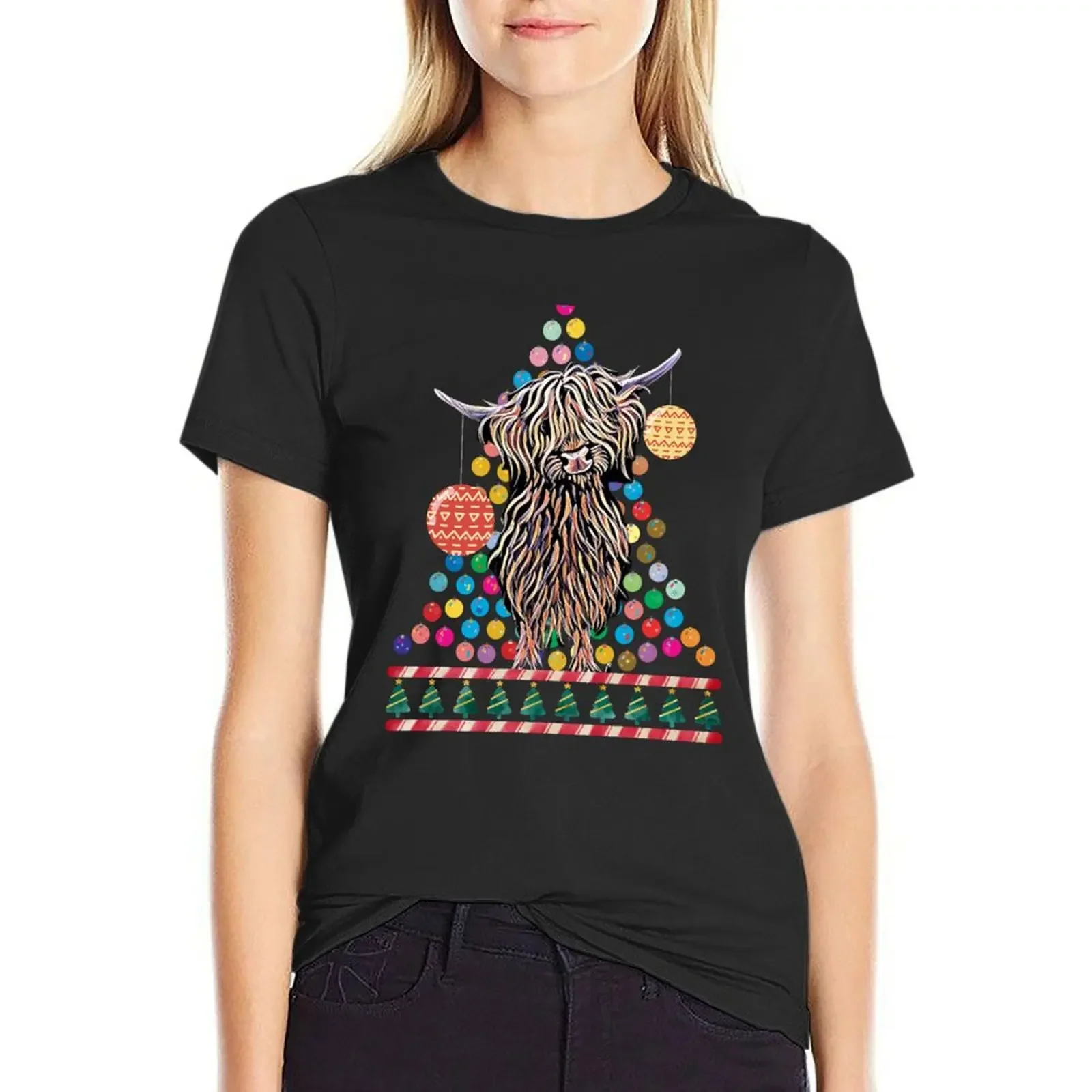 

christmas highland cow T-Shirt aesthetic clothes tops blacks Women's clothing