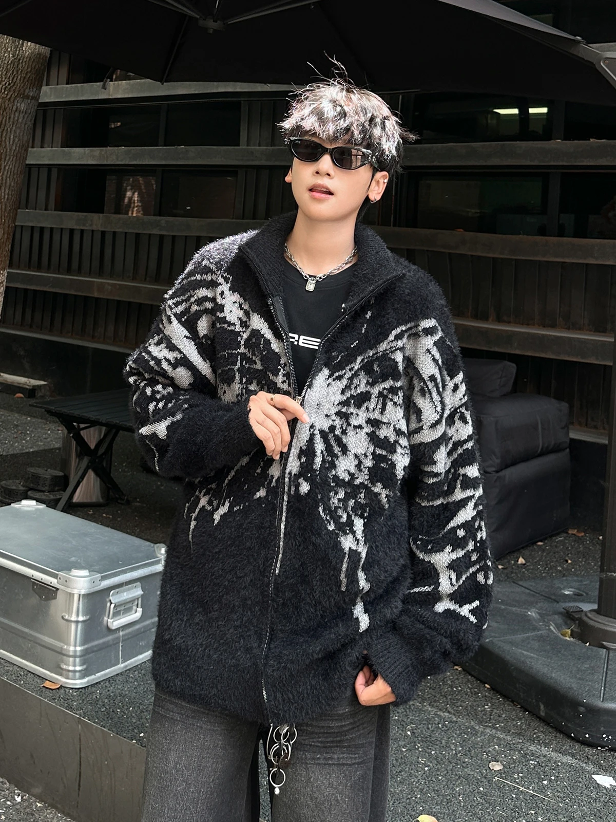 Maglione cardigan aperto con cerniera ricamata americana retrò da uomo Autunno Inverno Street Sle Jaet lavorato a maglia allentato pigro