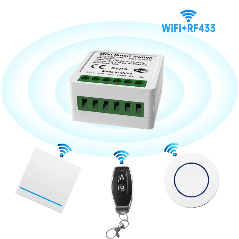 Tuya WiFi + RF433 สมาร์ทสวิทช์ไม่มีสายไฟ Stick-on รีโมทคอนโทรลไร้สายโมดูลรีเลย์ทํางานร่วมกับ Google Home/Alexa