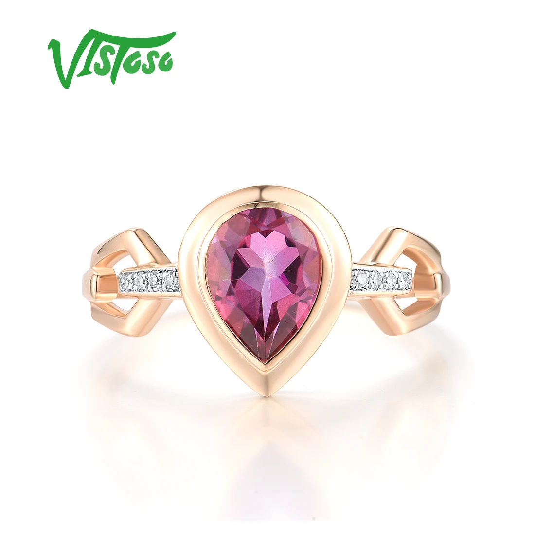 VISTOSO Genuine 14K 585 Rose Gold Ring For Women Sparkling Pink Topaz Diamond Trendy Wedding Party Gifts Fine Jewelry