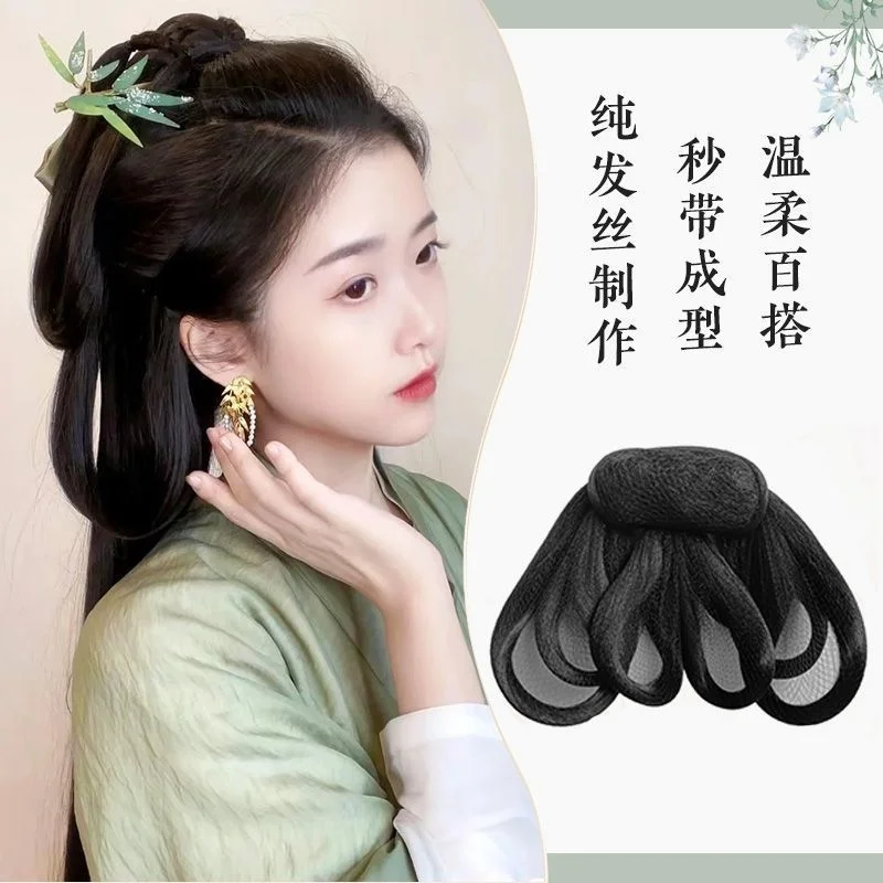 Chinese Antique Hanfu Wig Bag Full Hair Thread Back Head Spoon, Ancient Headdress Accessory Black Wigs For Women Hair Bun High