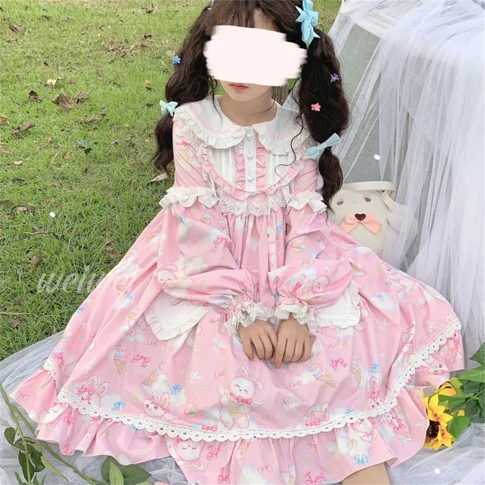 Süße Mädchen lieben Knöpfe niedlichen Kaninchen drucken Lolita Kleid Sommer weiches Mädchen Peter Pan Kragen Kawaii Loli Cosplay Lolita op