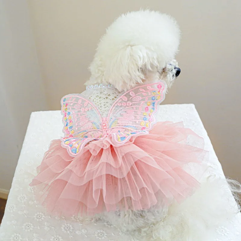 2024 Spring and Autumn Pet Clothing Princess Yarn Skirt Pink Heart Puffy Skirt with Wings