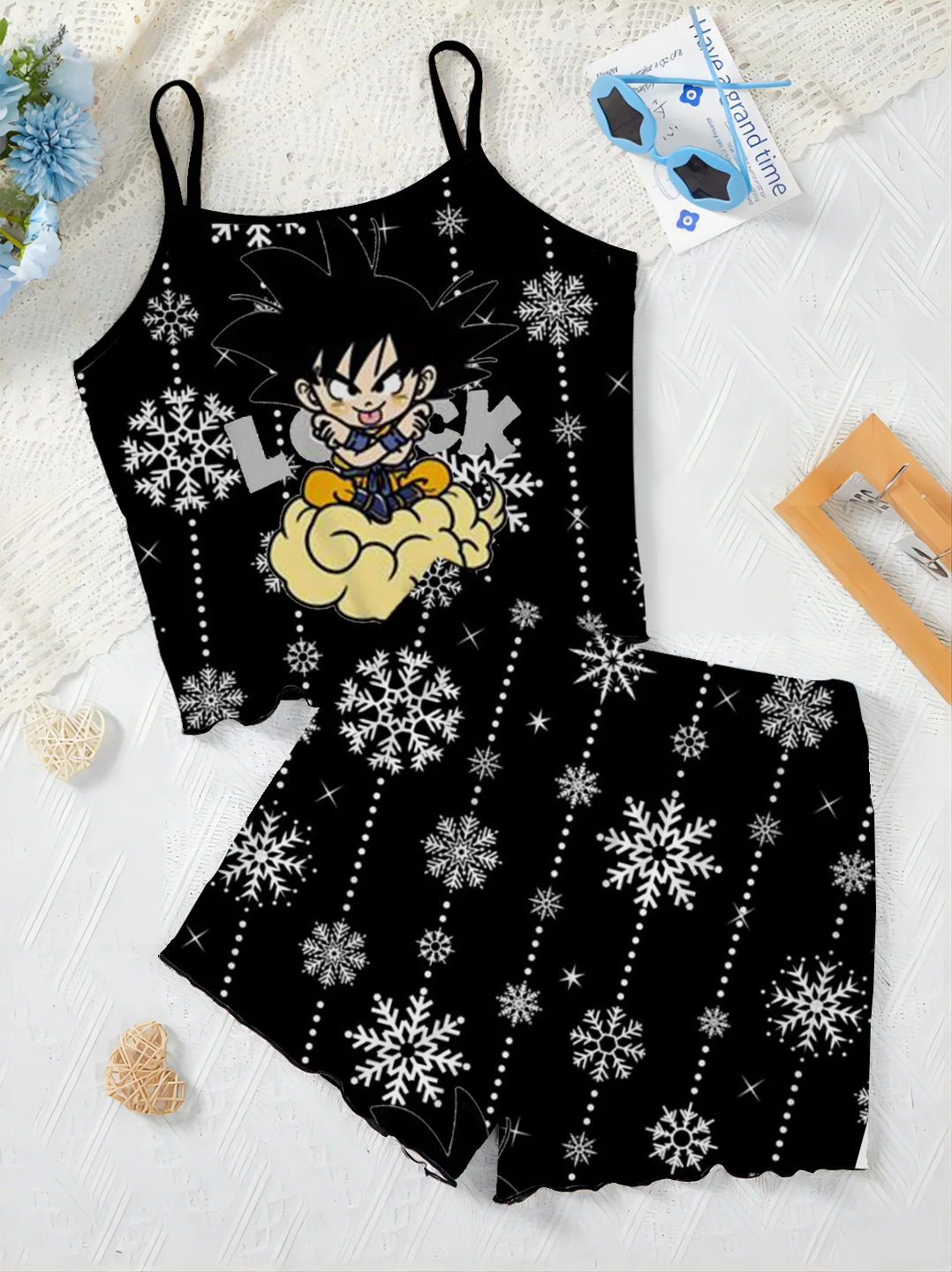 Short Sets for Women 2 Pieces Dragon Ball Son Goku Top Women's Suit Pajama Skirt Home Dress Lettuce Trim T-shirt Elegant Two Set