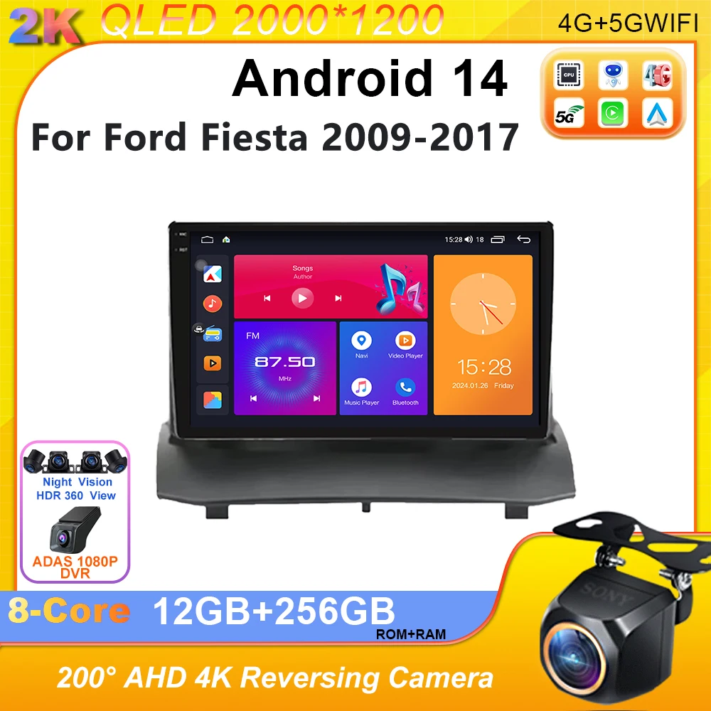 

No DVD 2din Car Radio For Ford Fiesta 2009-2017 Android 14 Multimedia Stereo Player Carplay Navigation GPS WIFI Rear Camera
