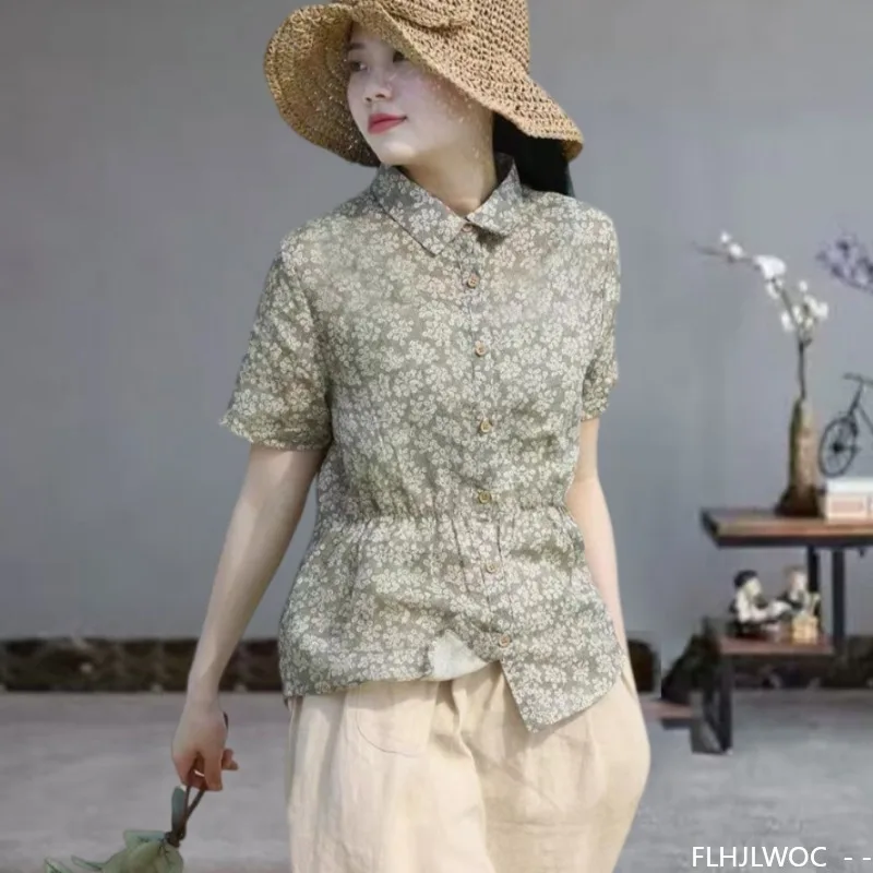 

Mori Girls Village Retro Vintage Tops Blouses New Design Women Summer Short Sleeve Casual Slim Waist Floral Print Button Shirt