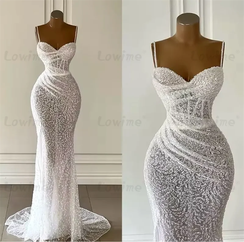 Custom Made White Party Dress Robe De Soiree Spaghetti Straps Mermaid Prom Dresses Beaded Sequin Long Arabic Women Evening Gowns