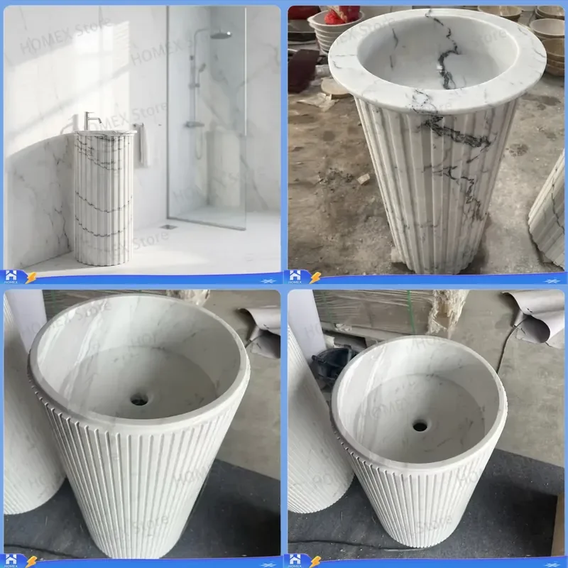Custom Size White Carved Marble Column Sink Hotel Bathroom Basin Luxury Stone Pedestal Washbasin Modern Vanity Countertop