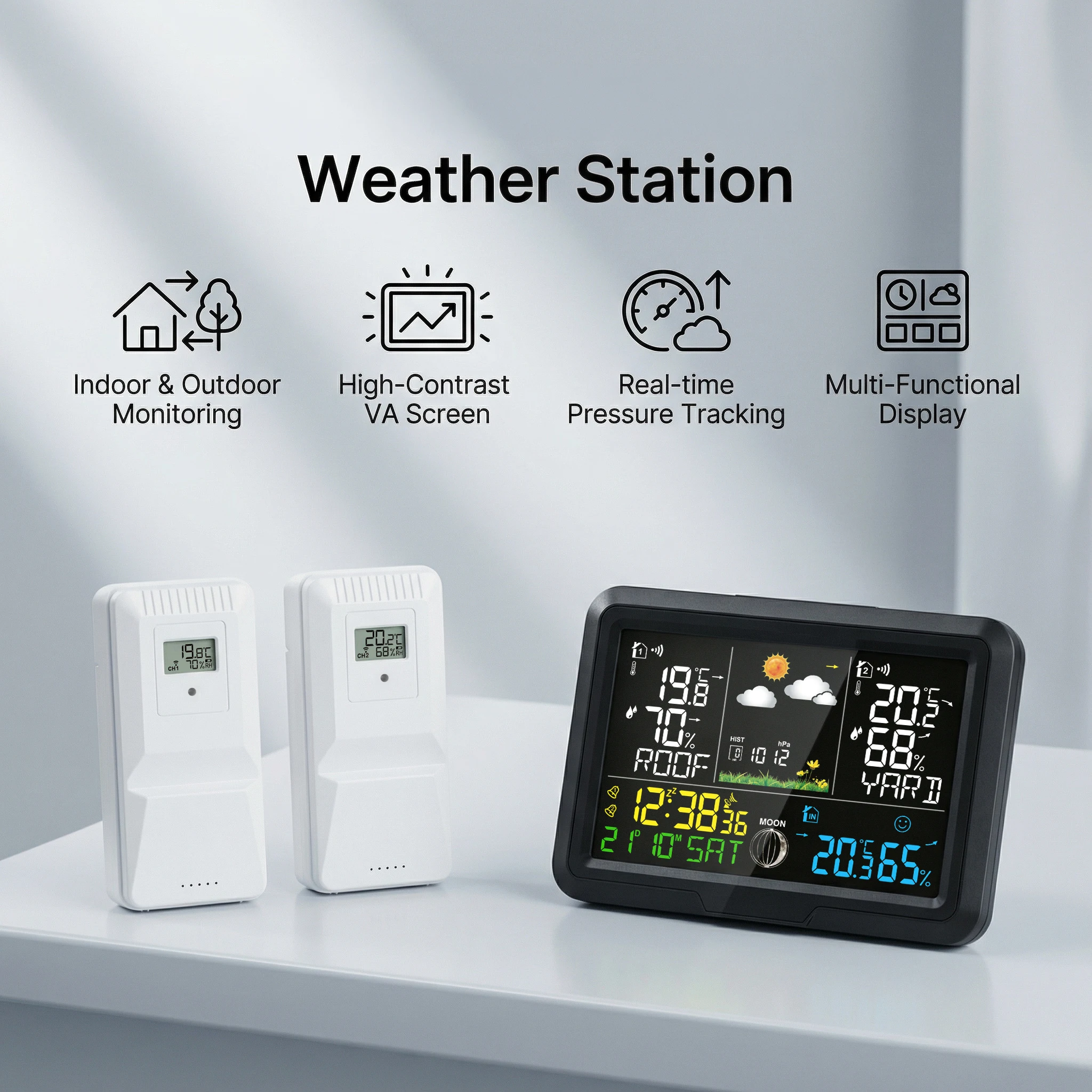Digital Multi-functional Weather Station, Alarm Clock, Indoor and Outdoor Temperature Sensor, Hygrometer, Calendar 2sensor