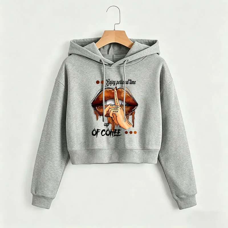 Modischer Lippen- und Kaffee-Print Herbst Winter Crop-Sweatshirt Crop-Top Hoodie Y2k Sweatshirts Gothic Casual Style Kleidung