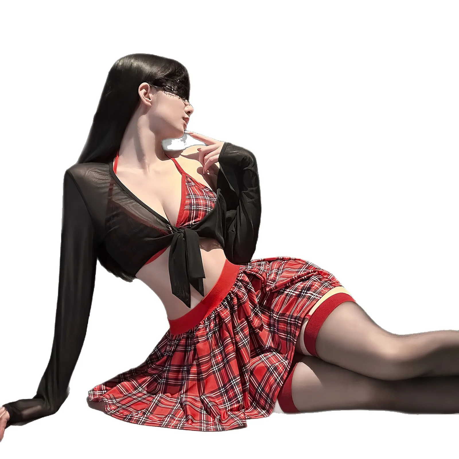 

Sexy Red Plaid Skirt Long Sleeved Top Pure Desire JK Uniform Backless Slim Transparent Sexy Sets For Woman Nightclub Wear 23RK