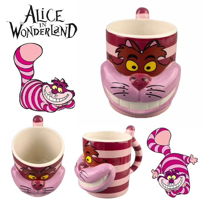 Taza de café de cerámica 3D hecha a mano Alicia en el país de las Maravillas, taza de gato de Cheshire, taza de oficina en casa con asa, taza de té de leche de desayuno, regalo de cumpleaños