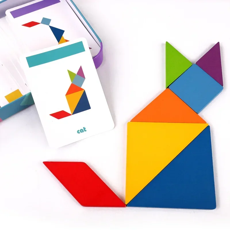 Rompecabezas Tangram de madera para niños, puzle de almacenamiento colorido con caja de hierro, Educación Temprana Montessori, juguetes con letras y números de inteligencia