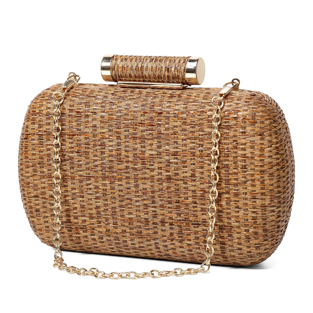 

Women Hand-Woved Evening Bag with Chain Strap Straw Beach Handbag Versatile Crochet Crossbody Bag Ladies Summer Daily Bag