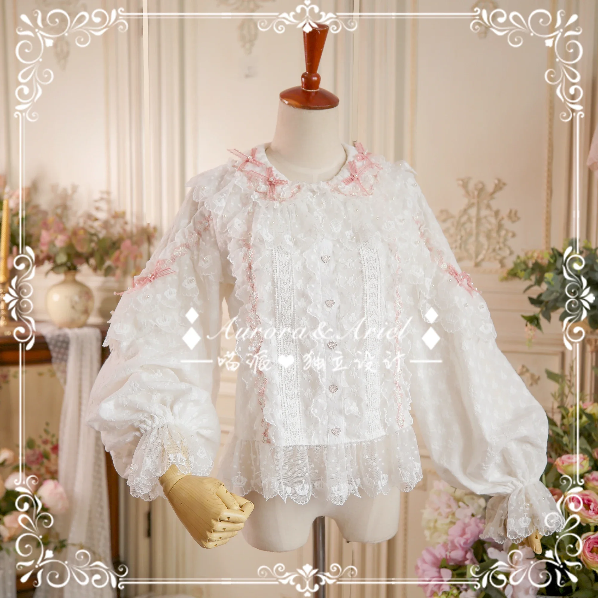 Lolita Jirai Kei Bubble Pearls Cotton Embroidered Shirts for Women 2024 Fall New Kawaii Long Sleeve Lace Beads Bow Blouse Woman