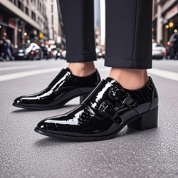 Autumn Men High heels Metal Buckle Cowhide Round head Model Catwalk Singer Performance Thick heel Increase Men's shoes