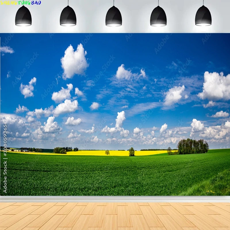 

Green Wheat Field Blue Sky Photography Backdrops Prop Pastoral Scenery Landscape Forest Blooming Rapeseed Photo Background BU-04
