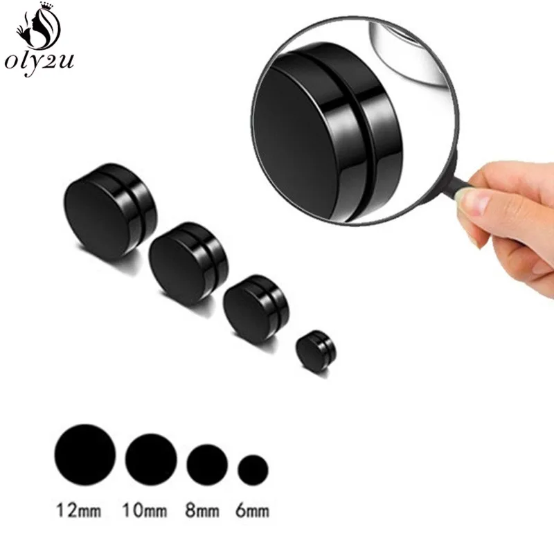 1Pc Black Titanium Steel Men Strong Magnet Earrings 6/8/10/12mm Simple Round Ear Stud Non Piercing Earring for Boyfriend Gifts