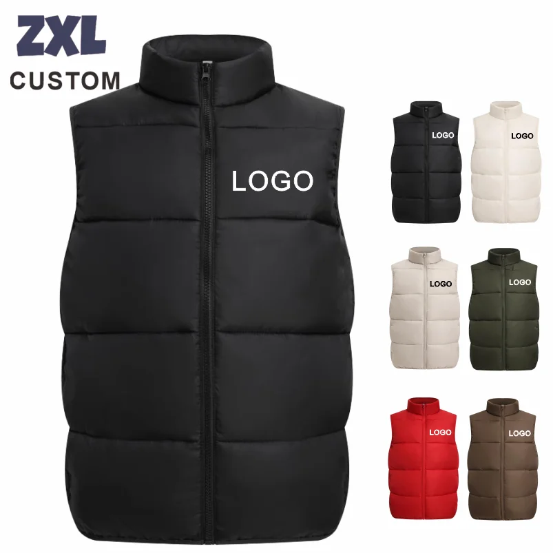 2024 Winter Men's Padded vest Custom Logo Design Brand  Print Embroidery Stand Collar Solid Color Cotton Coat Armless Down Vests