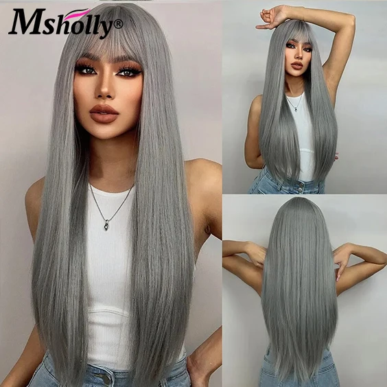 

13x4 Grey Bone Straight Human Hair Wigs For Women Transparent Lace Frontal Wig With Bangs Brazilian Gray Colored Remy Wigs