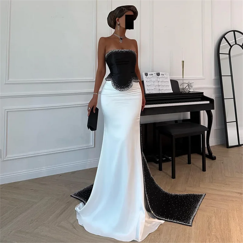 

Black Ivory Evening Dress Customized Strapless Sleeveless Beading Sequined Cape Backless Mermaid Party Dresses Prom Gown
