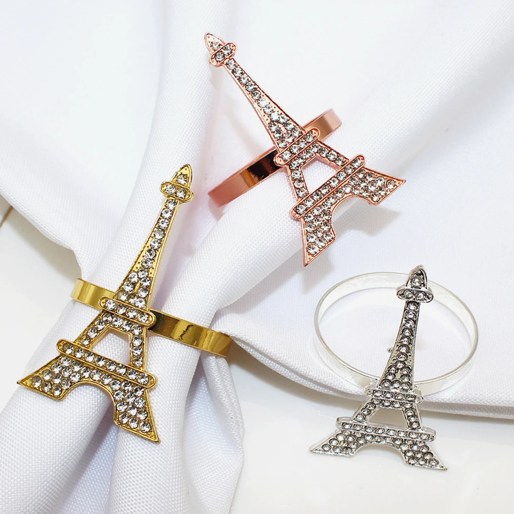 

6pcs Diamond Napkin Ring Eiffel Tower Kitchen Metal Wear Resistant Reusable Serviette Buckle Alloy Napkin Holder Banquet