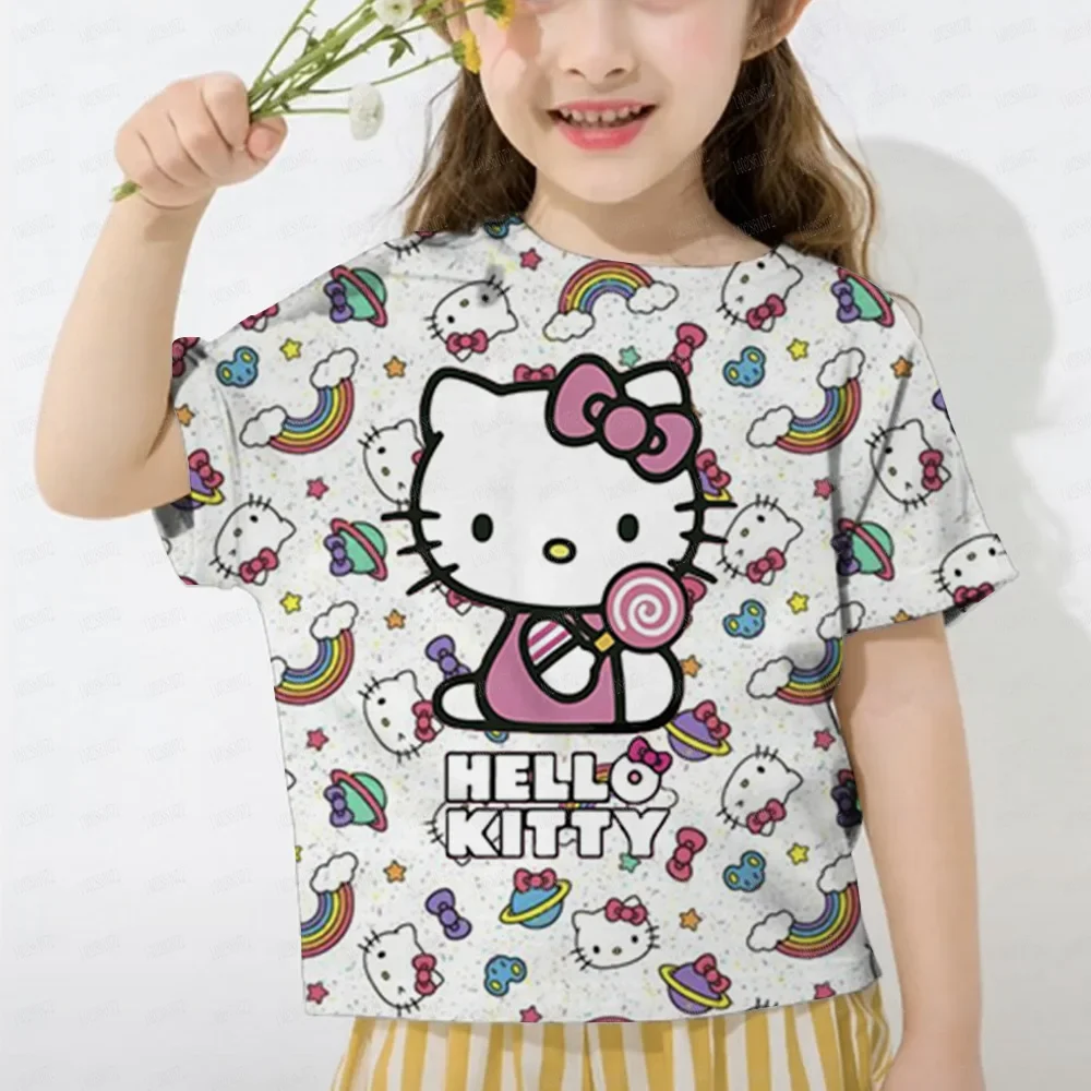 New Summer Girls T-shirt Fashion Cartoon Cute Cinnamon Cat and Hello Kitty 3D Printed T-shirt Children's Short Sleeve Kuromi T-s