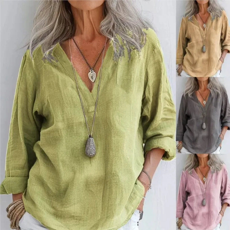 Summer Blouses Spring New Women's Casual Loose Fashion Long-sleeve Cotton Linen Solid  V-neck Pullover Top Women Shirts Vintage